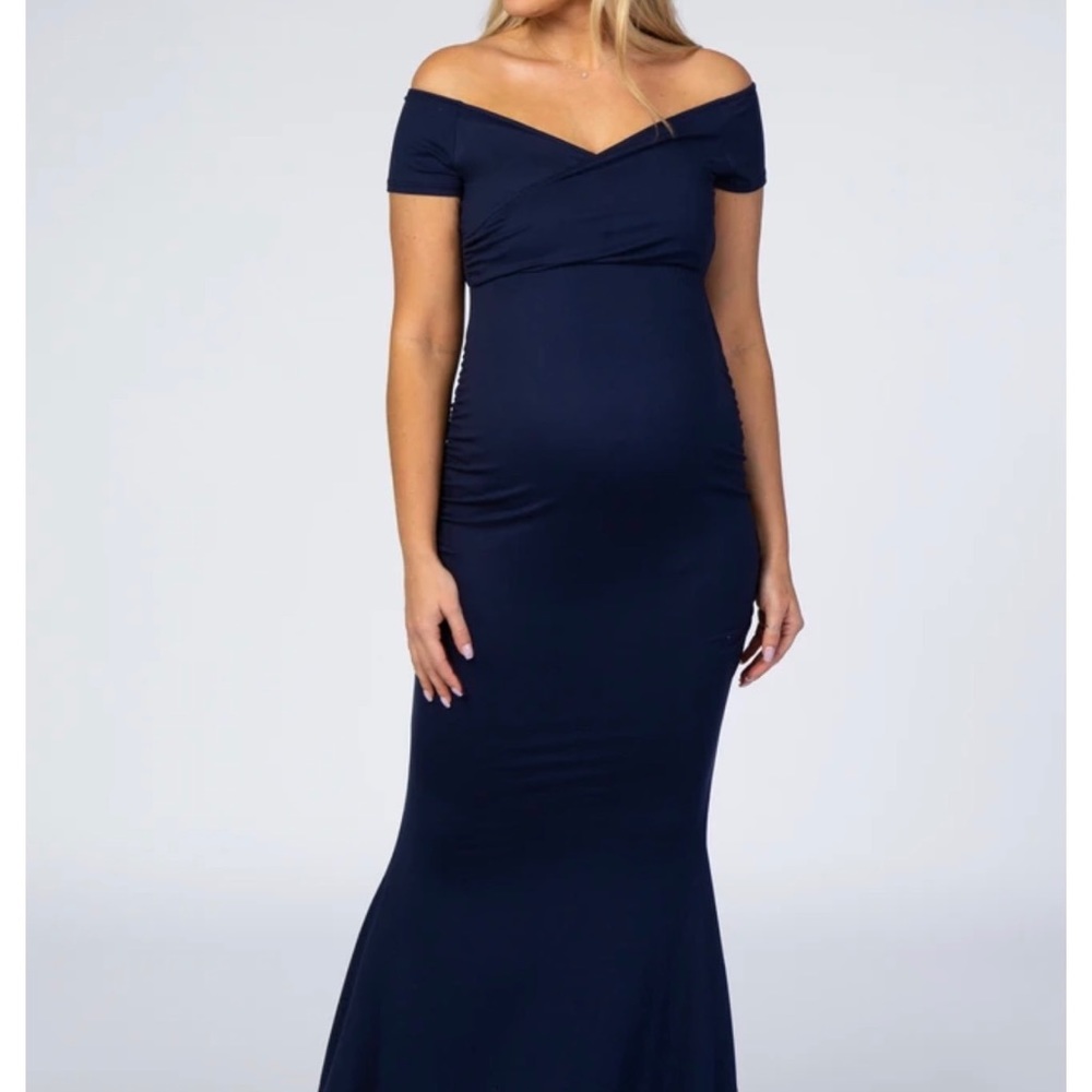 Pink blush off the shoulder navy maternity dress size small